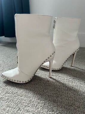 White Studded Pointed-Toe Stiletto Ankle Boots